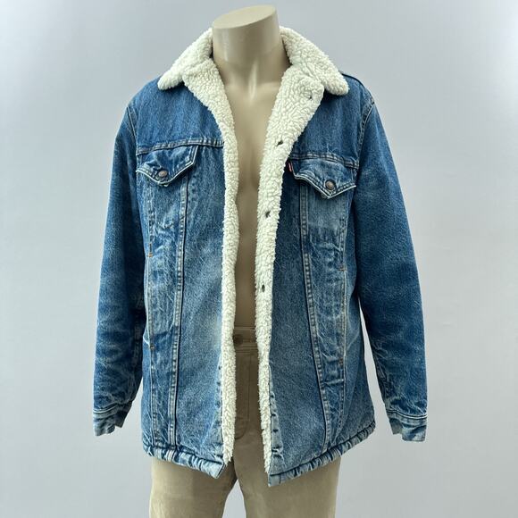 Vintage Levi's 80s 90s Sherpa Lined Denim Trucker Jacket Blue Men's Size 42R - Picture 1 of 14